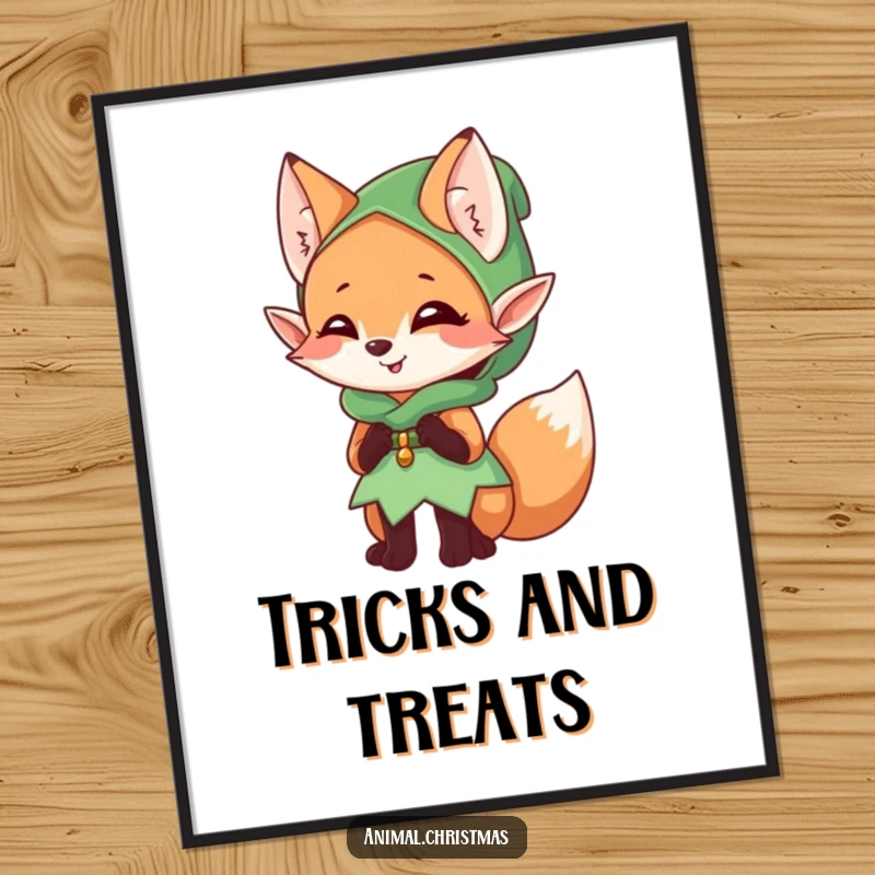 Funny elf fox digital art print, a mischievous character giggling, dressed as an elf, instant downloadable decor.
