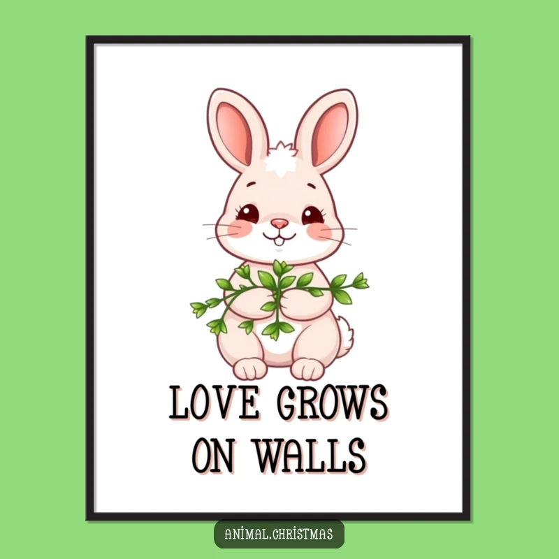 Funny Kawaii Bunny Digital Art Print: Mistletoe Shy - Instant Funny Gfit