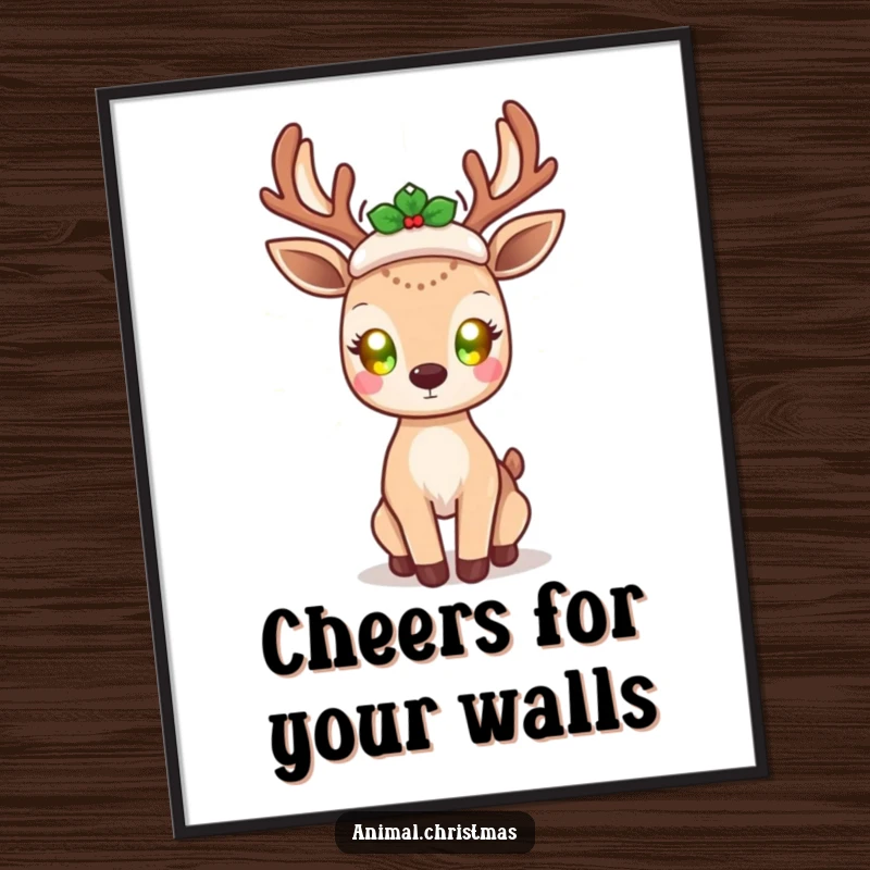 Funny kawaii deer digital art print, with glowing eyes, radiating holiday cheer, downloadable cute festive illustration.