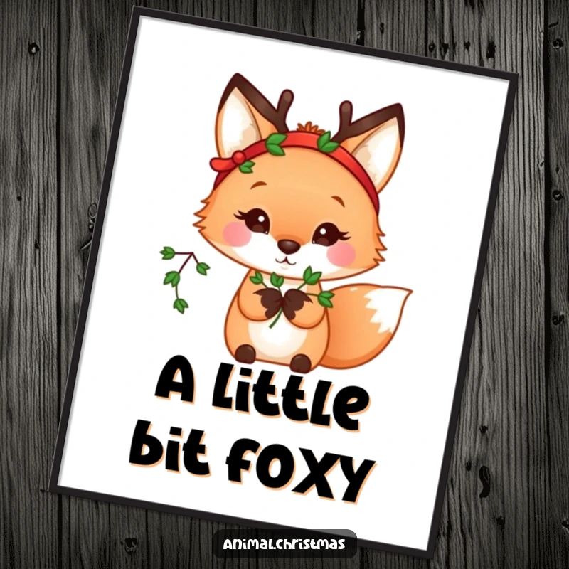 Funny kawaii fox wearing a reindeer headband, holding mistletoe, a downloadable digital art print for holiday decor.