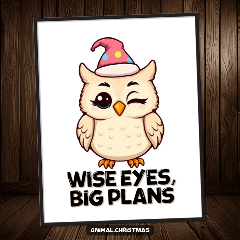 Funny kawaii owl in a festive hat blinking with amusement, a downloadable digital art print for festive decor.