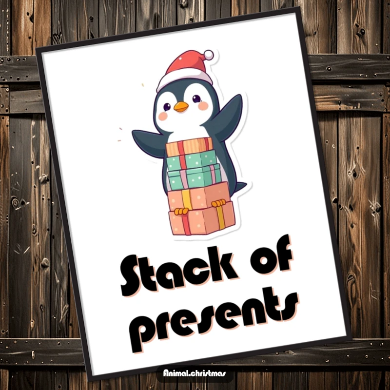 Funny kawaii penguin balancing a stack of Christmas gifts as a digital art print, conveying humorous festivity.