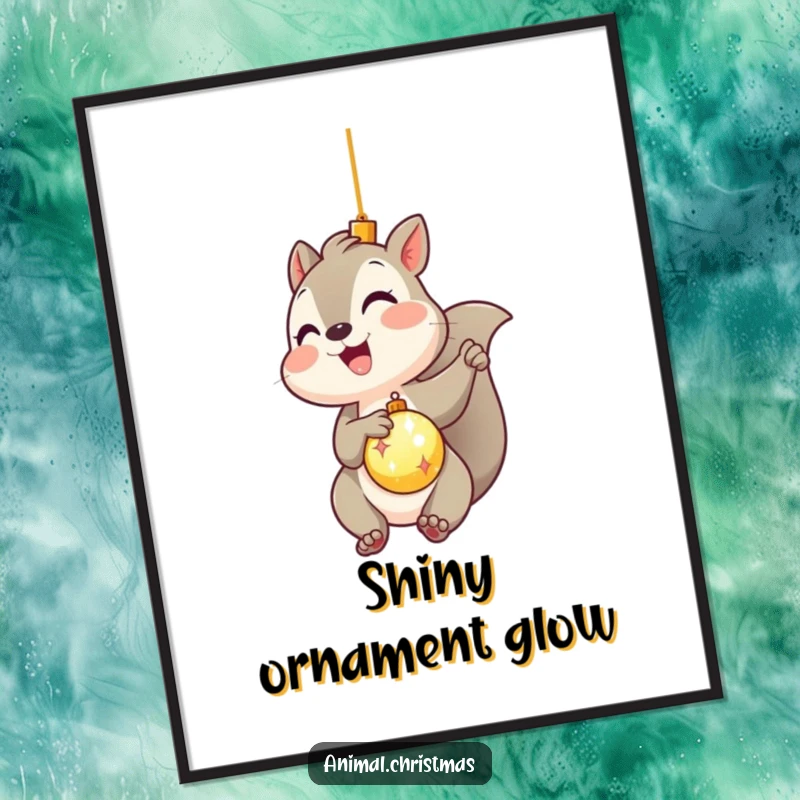 Funny kawaii squirrel gleefully hanging a shiny ornament as a digital art print, conveying joyful holiday humor.
