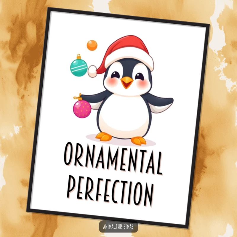 Funny digital art print of a penguin in a Santa hat juggling multiple Christmas ornaments, bringing festive cheer to any room.