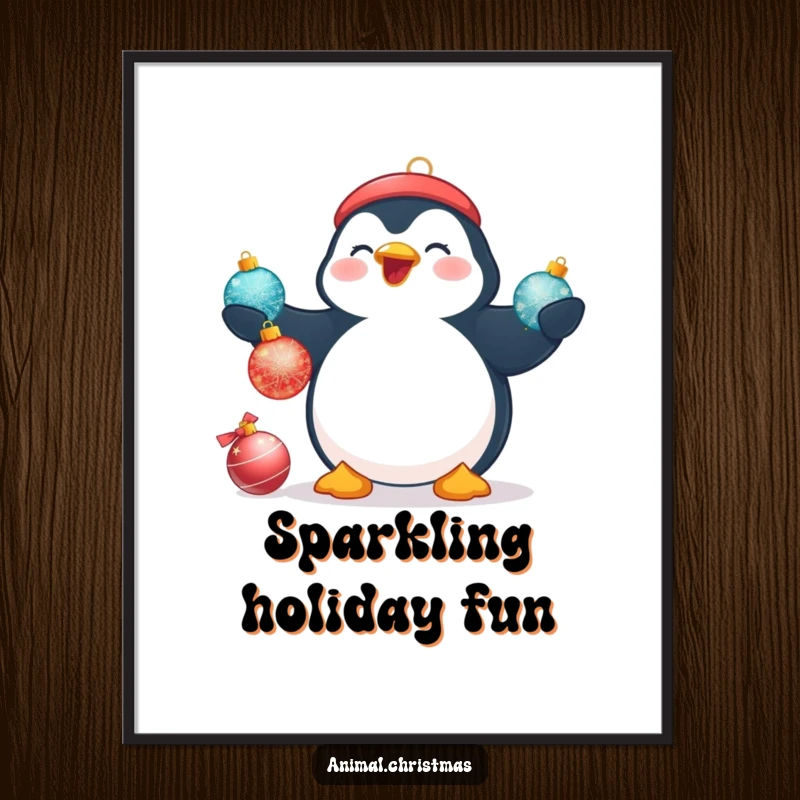 Funny Christmas digital art print of a plump penguin beaming while attempting to juggle three shimmering Christmas baubles.