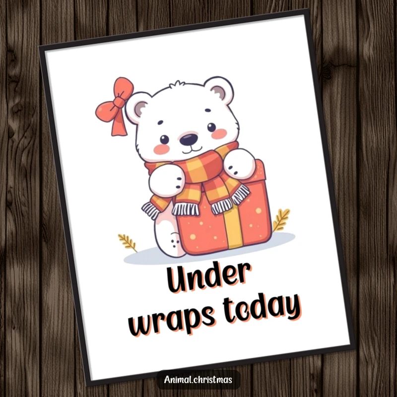 Funny digital art print of a polar bear in a scarf peeking from behind a large present, adding winter cheer to walls.