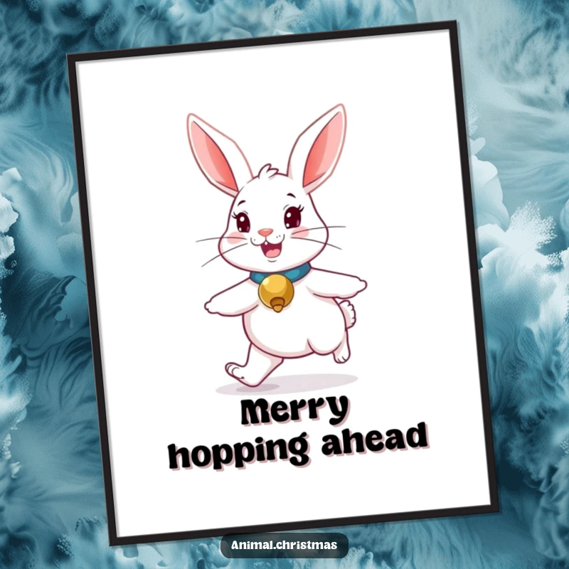 Funny rabbit digital art print, a cute bunny with a jingle bell collar, hopping merrily, instant downloadable decor.
