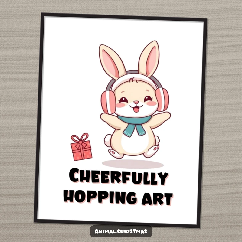 Funny digital art print of a rabbit wearing earmuffs, hopping with exuberant festive cheer, perfect for holiday decor.