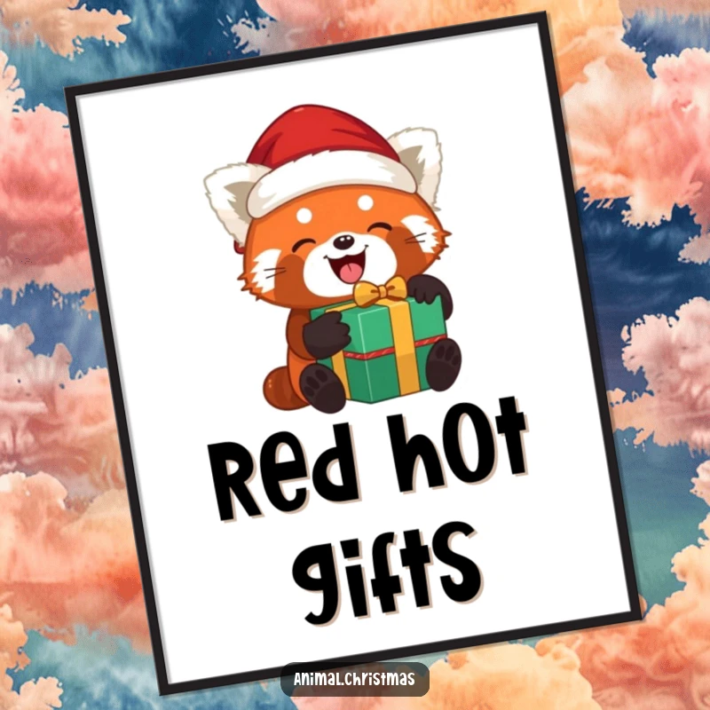 Funny red panda Santa digital art of a red panda joyfully unwrapping a gift while wearing a Santa hat, perfect for instant decor.