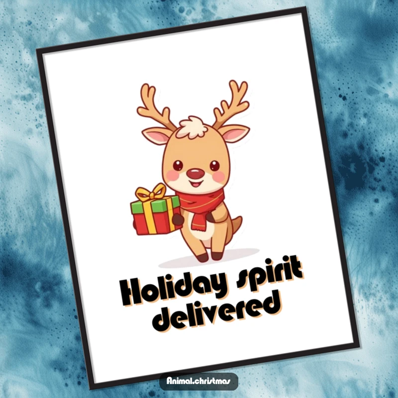 Funny Reindeer Digital Art: A smiling reindeer cheerfully delivering a gift, ideal for instant holiday wall decor.