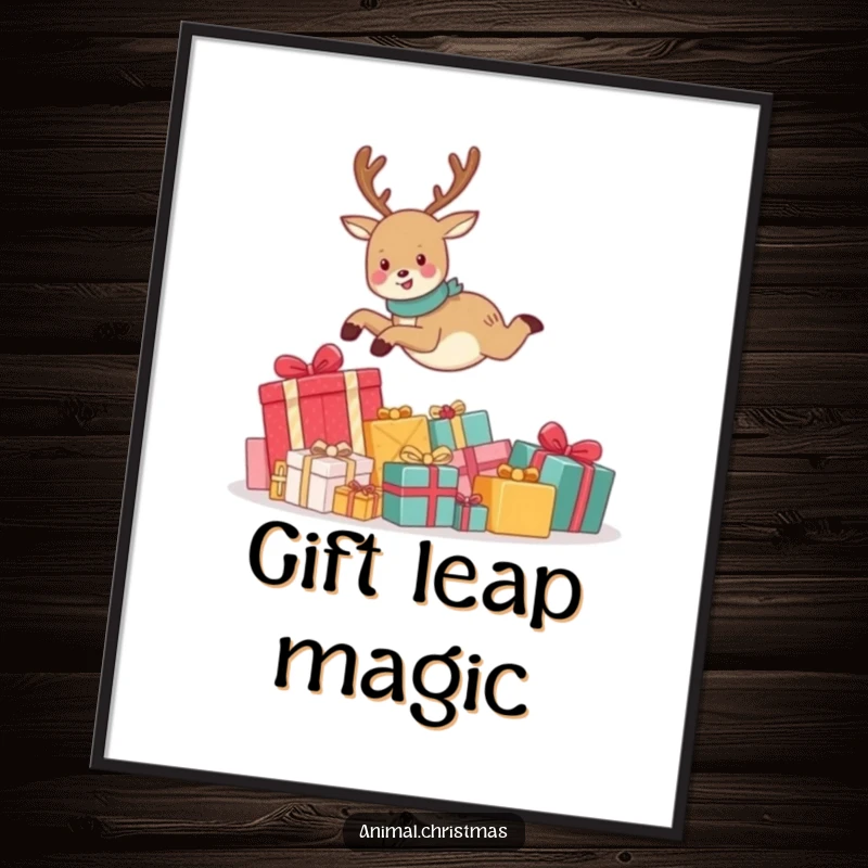 Funny digital art print of a cute reindeer joyfully leaping over a pile of Christmas presents, perfect for festive home decor.