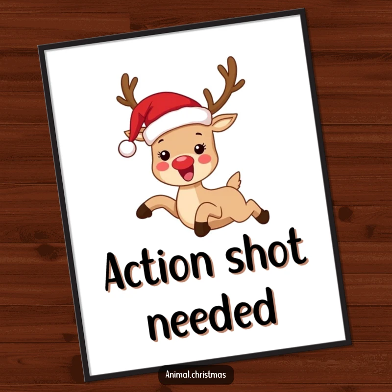 Funny digital art print of a reindeer in a Santa hat, joyfully leaping, bringing humorous holiday vibes to any digital display.