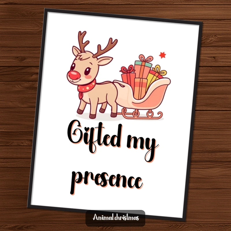 Funny digital art print of a reindeer pulling a small sleigh brimming with colorful presents, a festive and humorous wall art piece.