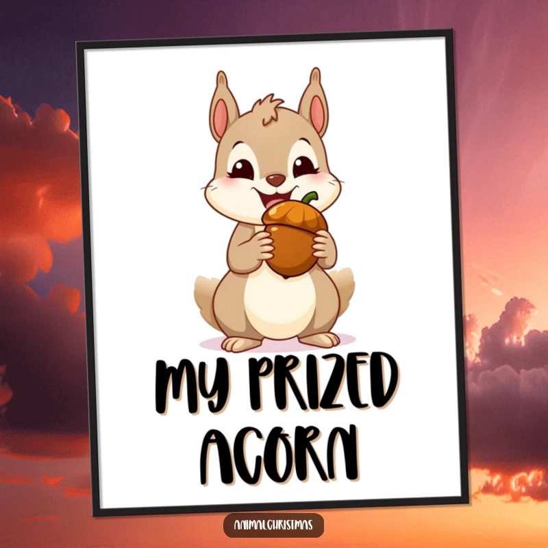 Funny squirrel digital art print of a cheerful squirrel with a wide grin holding a festive acorn, ready for download.