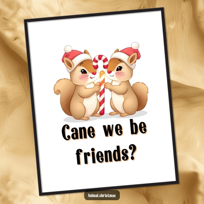 Funny squirrel Christmas digital art of two squirrels in tiny hats sharing a glowing candy cane, perfect for instant festive decor.