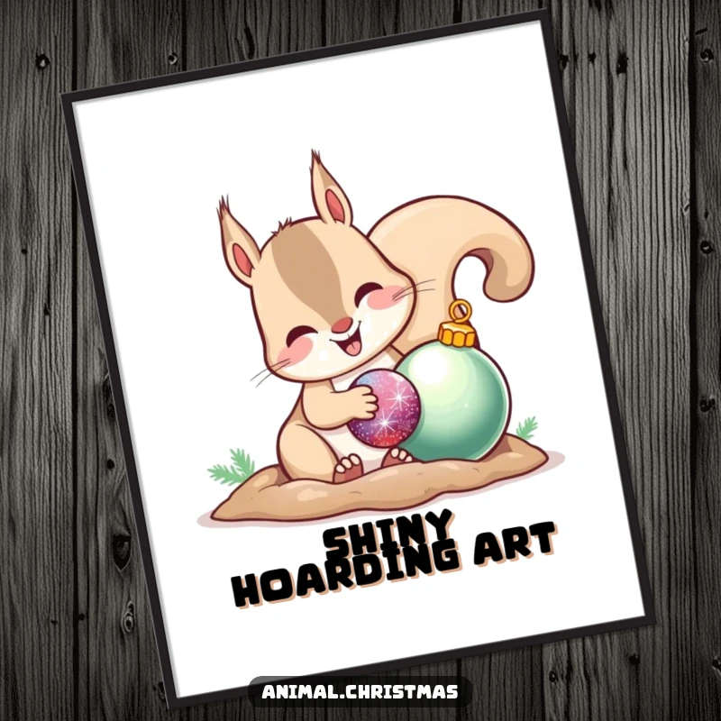 Funny digital art print of a happy squirrel burying a shiny ornament, capturing festive spirit and charm.