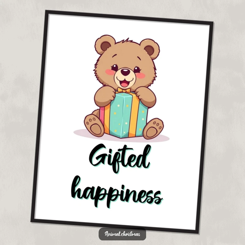 Funny digital art print of an excited bear cub unwrapping a brightly colored gift, bringing pure joy to any room.