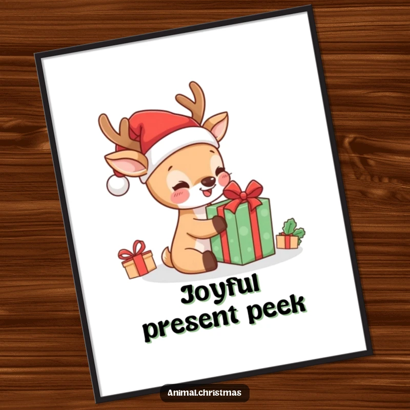 Funny kawaii deer in Santa hat, excitedly unwrapping a present, as a digital art print for festive, humorous decor.