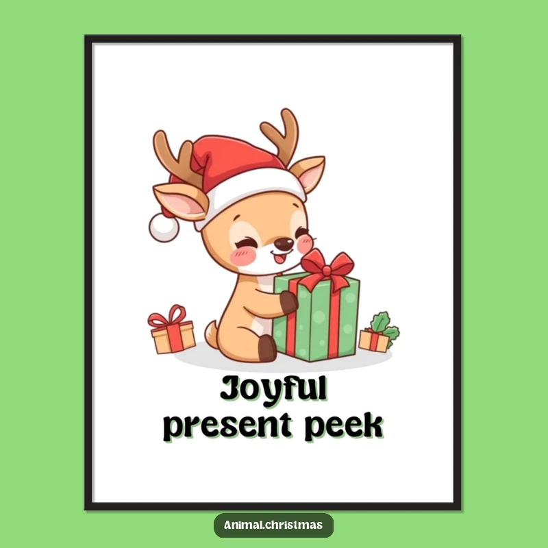 Funny Kawaii Deer Unwrapping Digital Art: Hilarious Holiday Decor Download