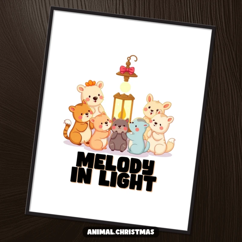 Funny animal carolers digital art print of happy animals singing carols around a glowing lantern, perfect for instant decor.