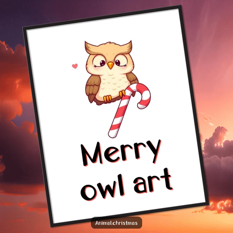 Funny digital art print of a wise owl perched on a candy cane, hooting merrily with festive joy.