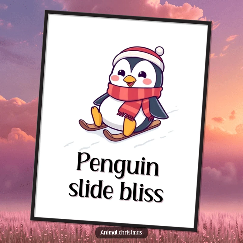 Funny digital art print of a penguin wearing a festive scarf, joyfully sliding down a snowy hill, perfect for festive wall decor.