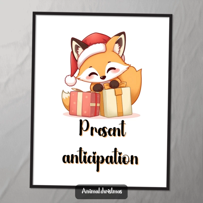 Funny Fox Santa Digital Art Print, a festive illustration of a cartoon fox in a Santa hat eagerly opening a Christmas present, ideal for instant holiday decor.
