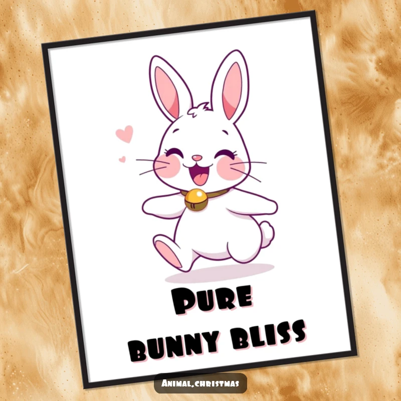 Funny digital art print of an excited bunny with a jingle bell collar, radiating holiday cheer and energy.