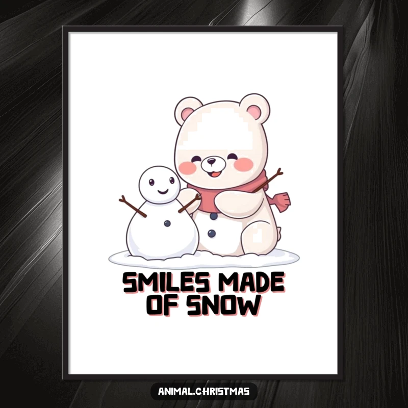 Funny kawaii bear with a pleased grin building a snowman, a downloadable digital art print for winter decor.