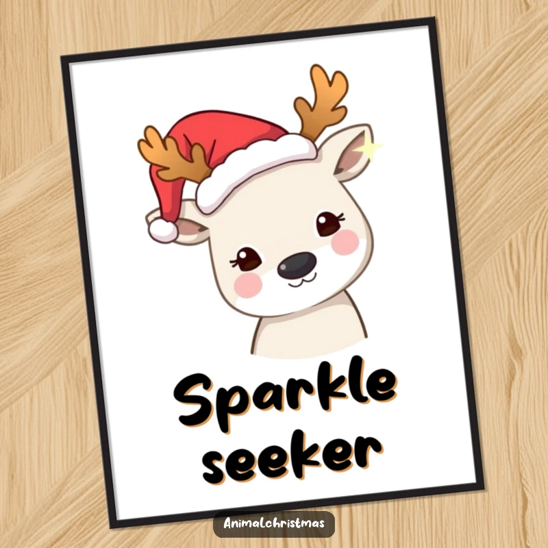 Funny digital art print of an animal wearing festive antlers, curiously peering at a twinkling light, offering instant holiday wonder.