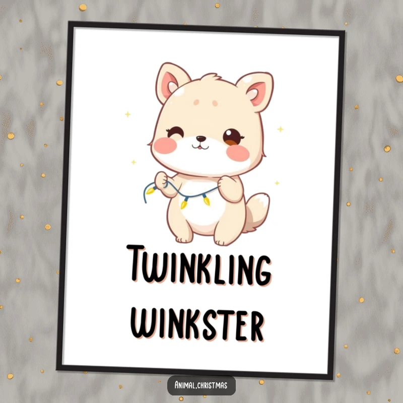 Funny Digital Art Print: A winking animal holds a string of twinkling lights, radiating playful holiday cheer.