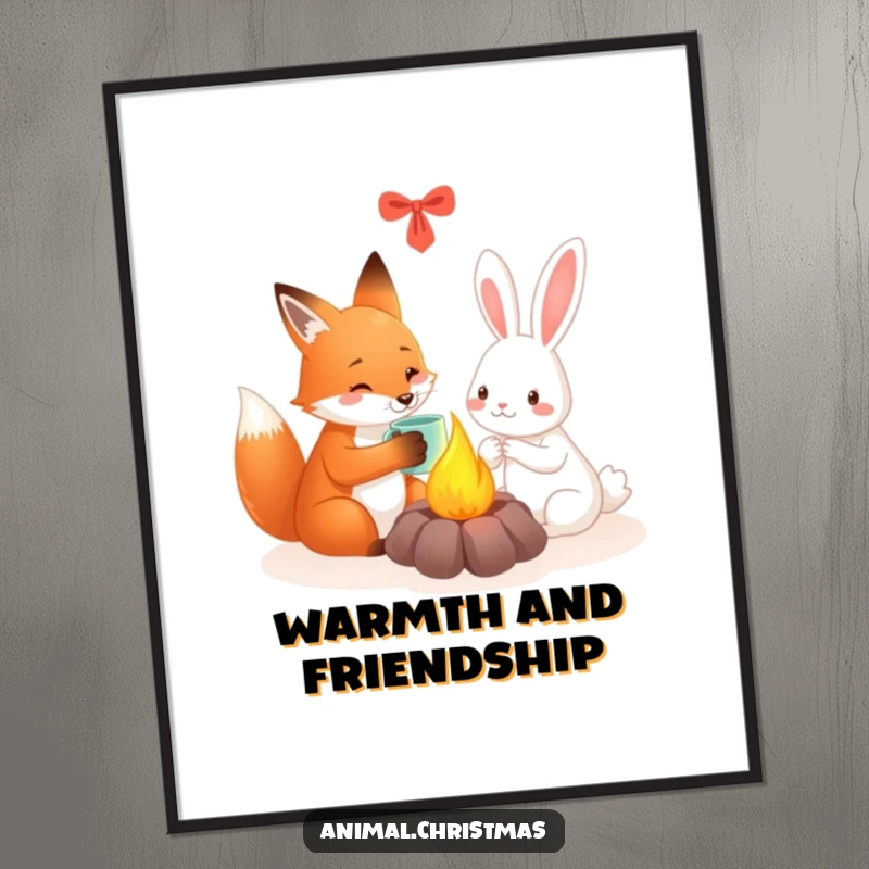 Funny fox and rabbit digital art print of friends sharing a warm mug by a festive fire, perfect for instant decor.