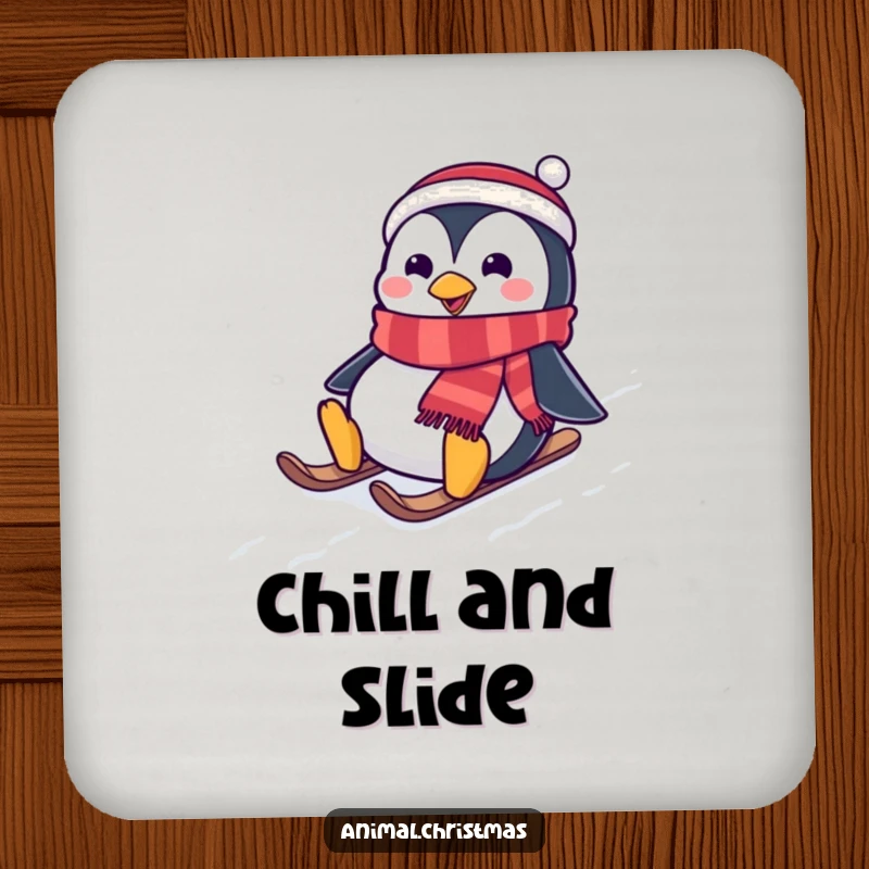 Funny drink coasters showing a penguin wearing a festive scarf, sliding down a snowy hill, ideal for protecting surfaces.