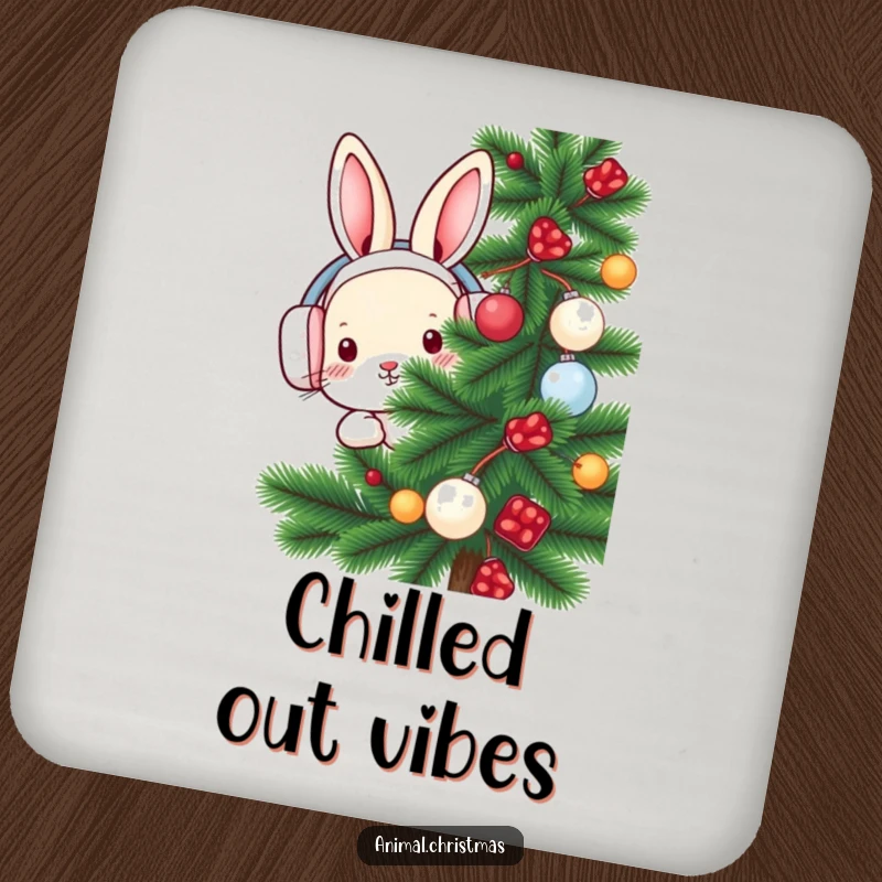 Funny rabbit drink coaster featuring a rabbit in earmuffs peeking from behind a decorated pine tree, offering cute protection.