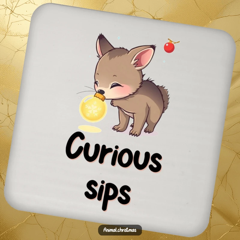 Funny drink coasters with an animal curiously sniffing a glowing Christmas ornament, perfect for protecting tables with festive intrigue.