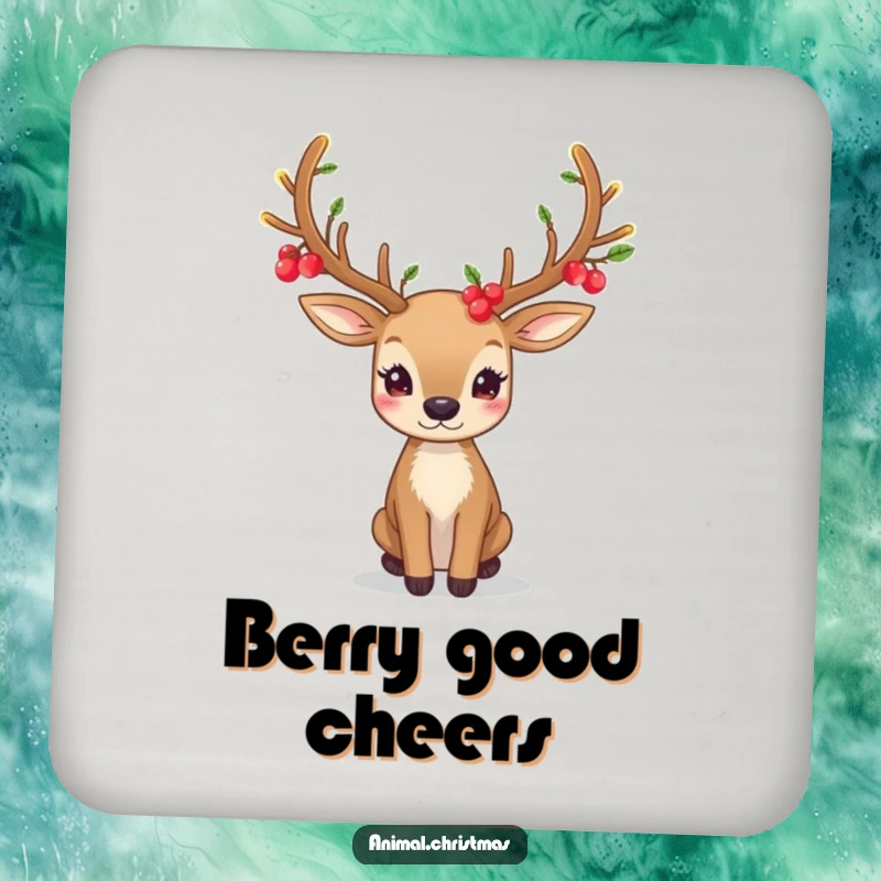 Funny drink coaster featuring a deer with festive antlers adorned with glowing berries, adding natural elegance.