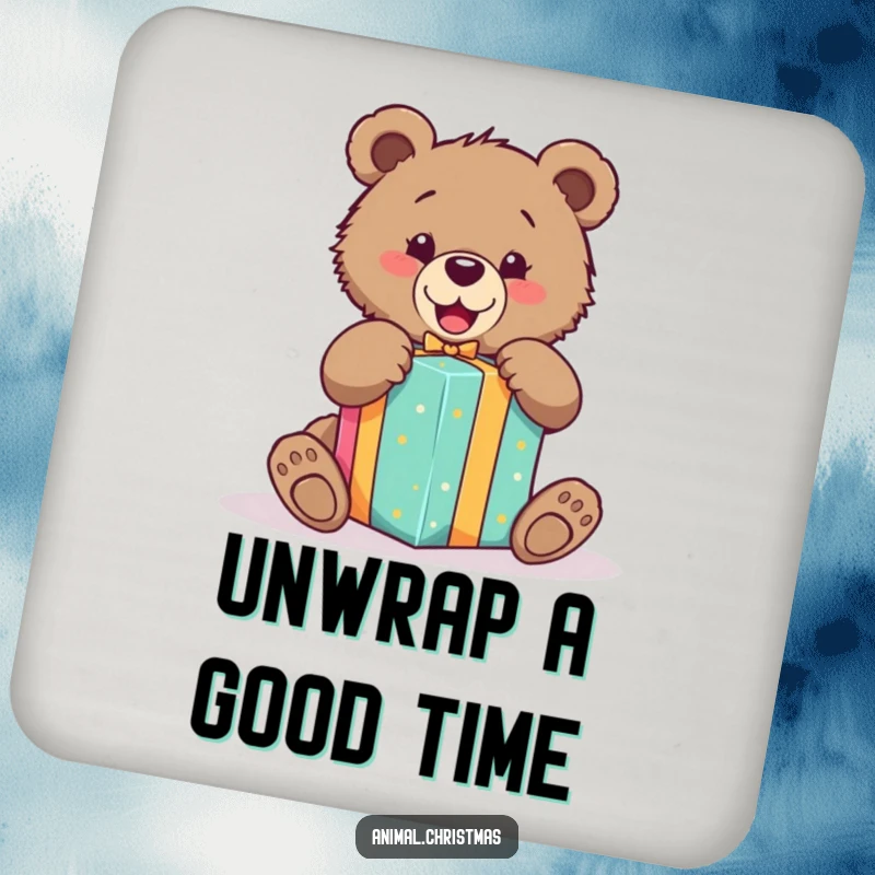Funny coasters featuring an excited bear cub unwrapping a brightly colored gift, perfect for adding cheer to gatherings.