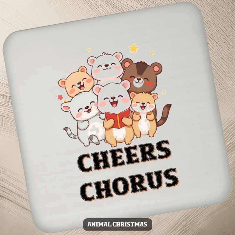 Funny drink coaster with a group of animals joyfully caroling, adding musical fun and humor to any surface.