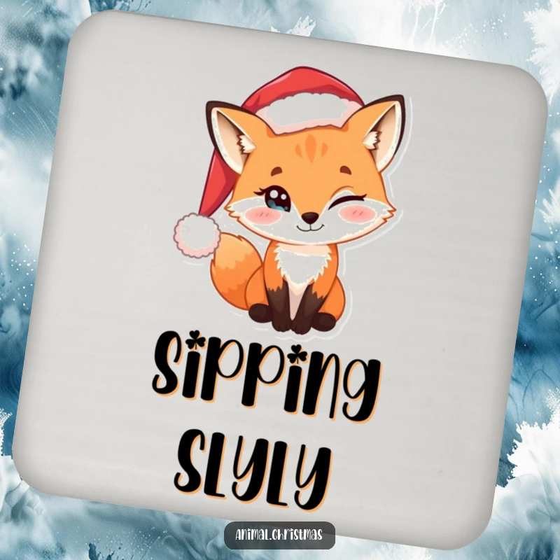 Funny drink coaster with a sly fox wearing a Santa hat, exuding playful mischief.