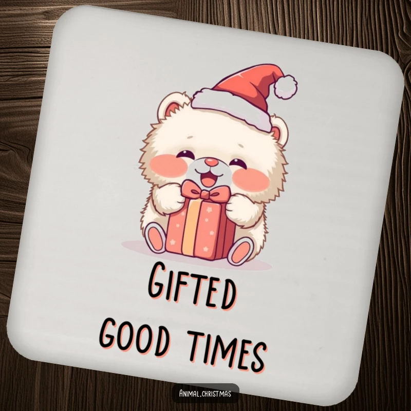 Funny drink coaster with a fluffy animal in a Santa hat, joyfully unwrapping a present, adding festive humor to any table setting.