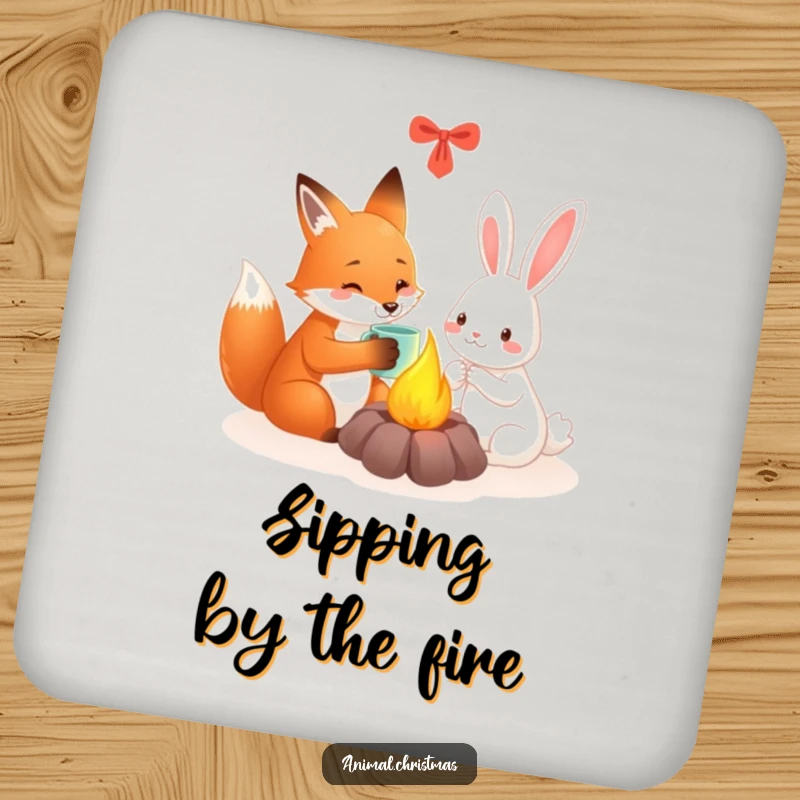 Funny fox and rabbit drink coaster showing friends sharing a warm mug by a festive fire, offering charming protection.