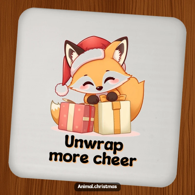 Funny Fox Santa Coaster, a cute fox wearing a Santa hat is excitedly opening a Christmas gift, perfect for protecting surfaces with holiday humor.