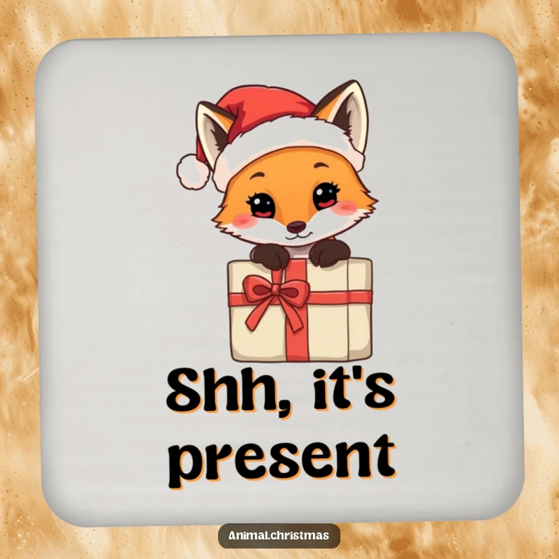 Funny coaster featuring a fox wearing a tiny Santa hat, peeking from behind a gift, adding festive and protective charm.