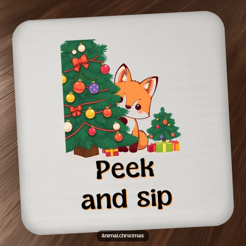 Funny kawaii fox peeking from a Christmas tree on drink coasters, offering humorous festive surface protection.