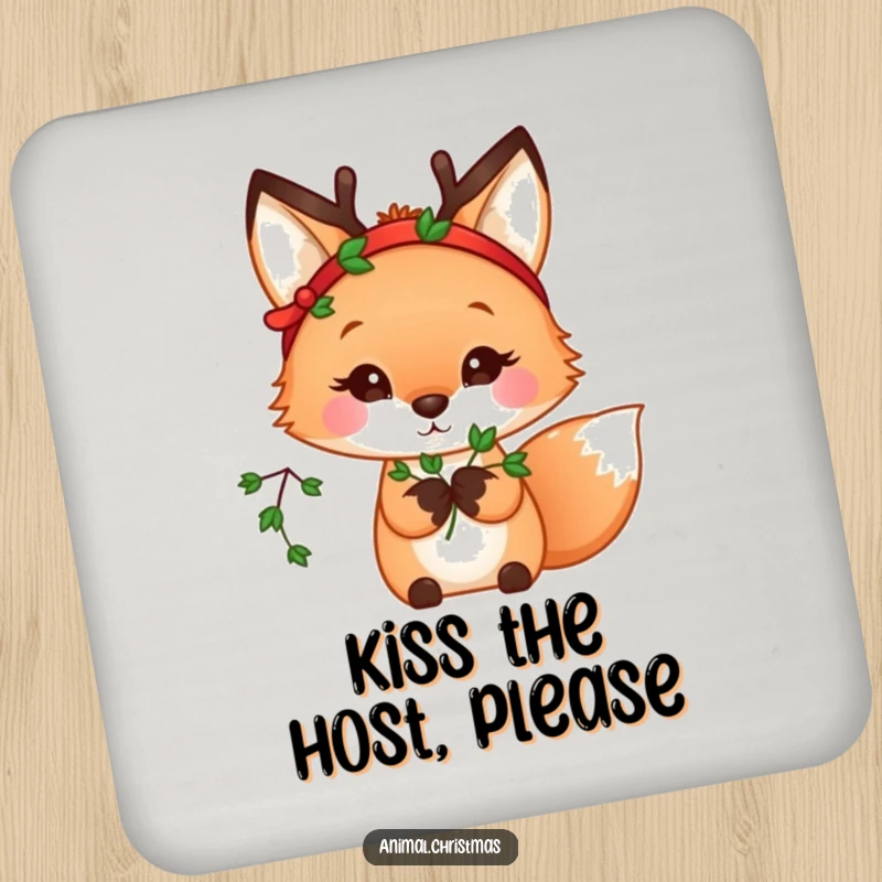 Funny kawaii fox wearing a reindeer headband, holding mistletoe, featured on protective drink coasters.