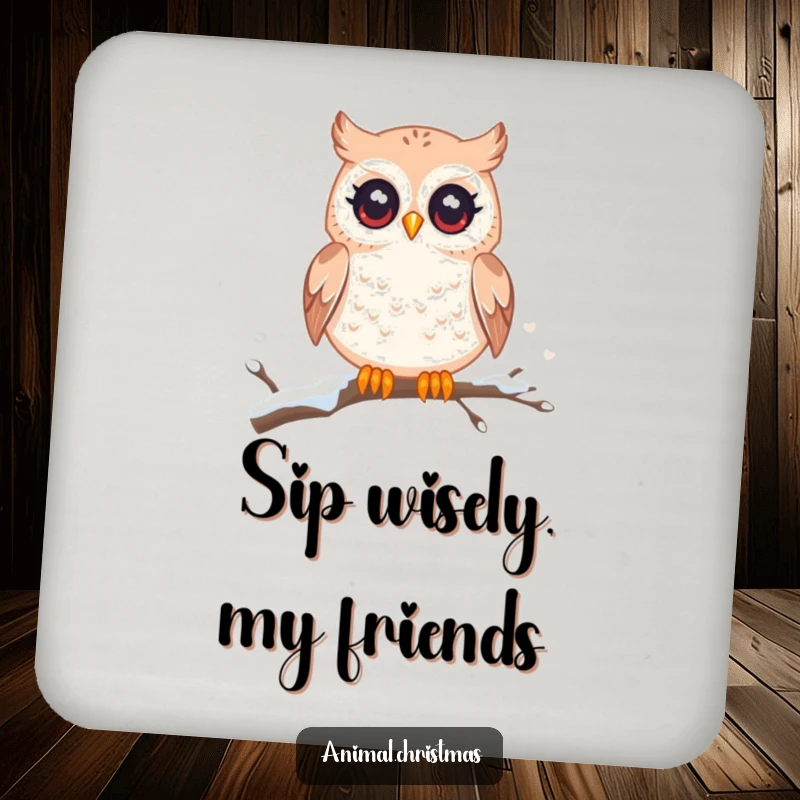 Funny kawaii owl drink coasters, twinkling eyes, perched on a snowy branch, cute coasters protecting surfaces from drinks.