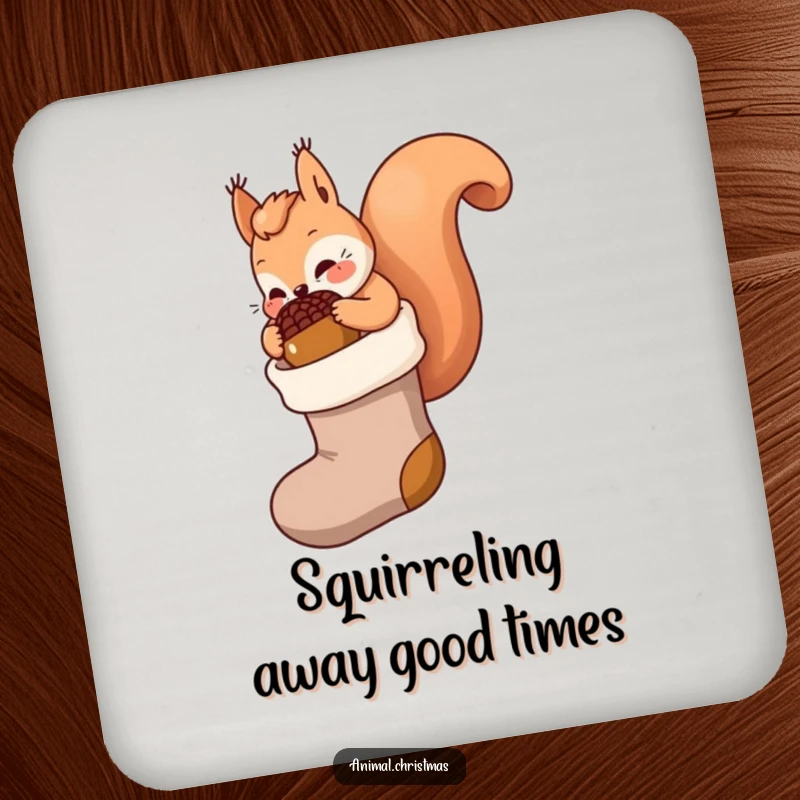 Funny kawaii squirrel drink coasters, stuffing a giant acorn into a stocking, cute holiday coasters protecting surfaces from drinks.