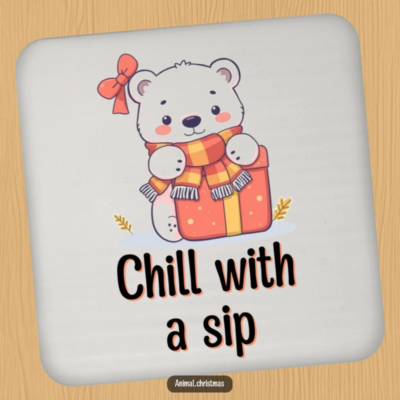 Funny coasters featuring a polar bear in a scarf peeking behind a large present, perfect for winter gatherings.
