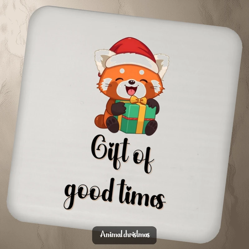 Funny red panda Santa coasters with a red panda joyfully unwrapping a gift while wearing a Santa hat, perfect for drink protection.
