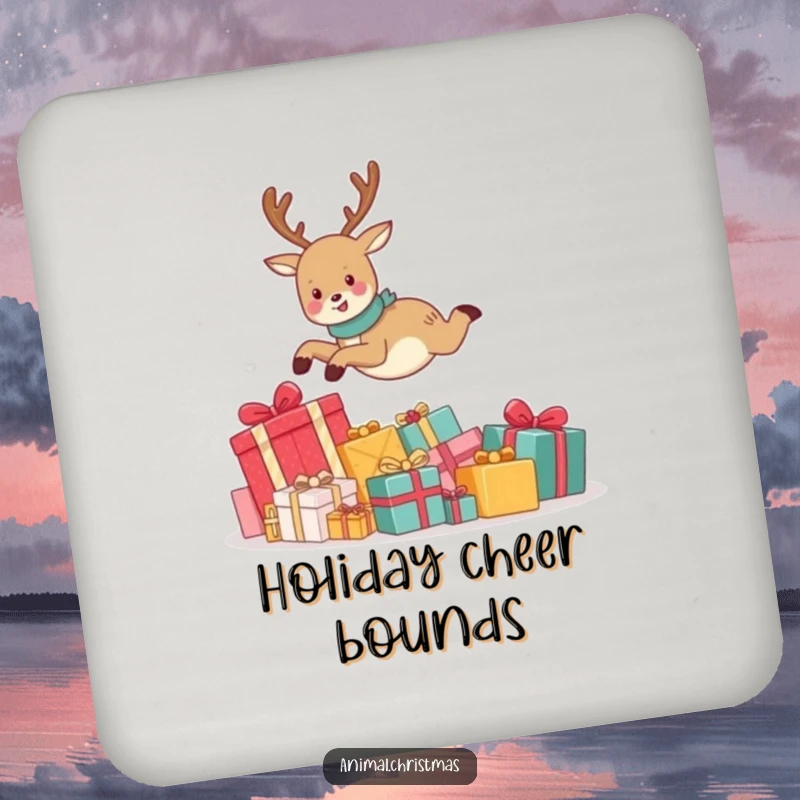 Funny drink coasters showcasing a cute reindeer joyfully leaping over a pile of presents, protecting surfaces with festive holiday flair.